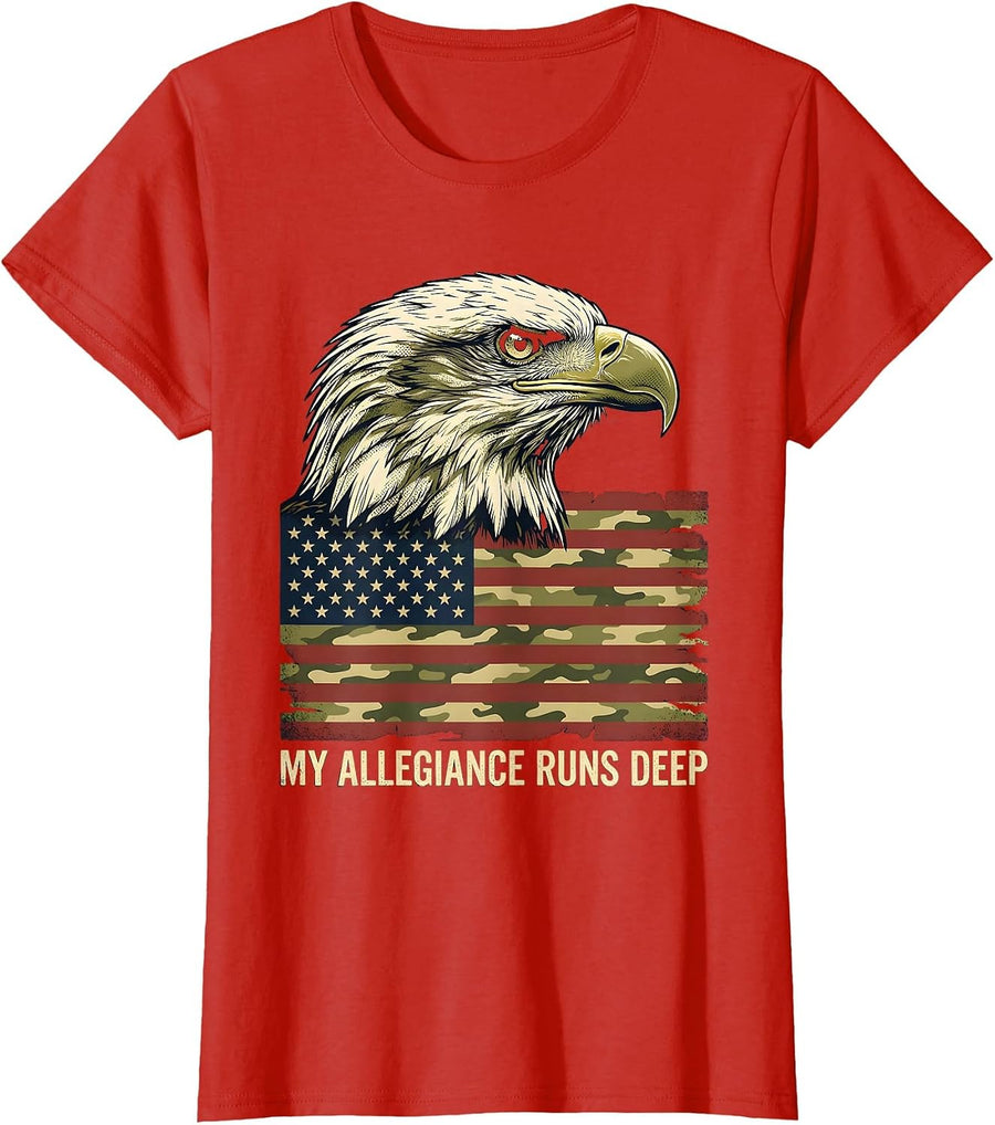 Women's My Allegiance Runs Deep Patriotic Military Camo American T-Shirt - Red