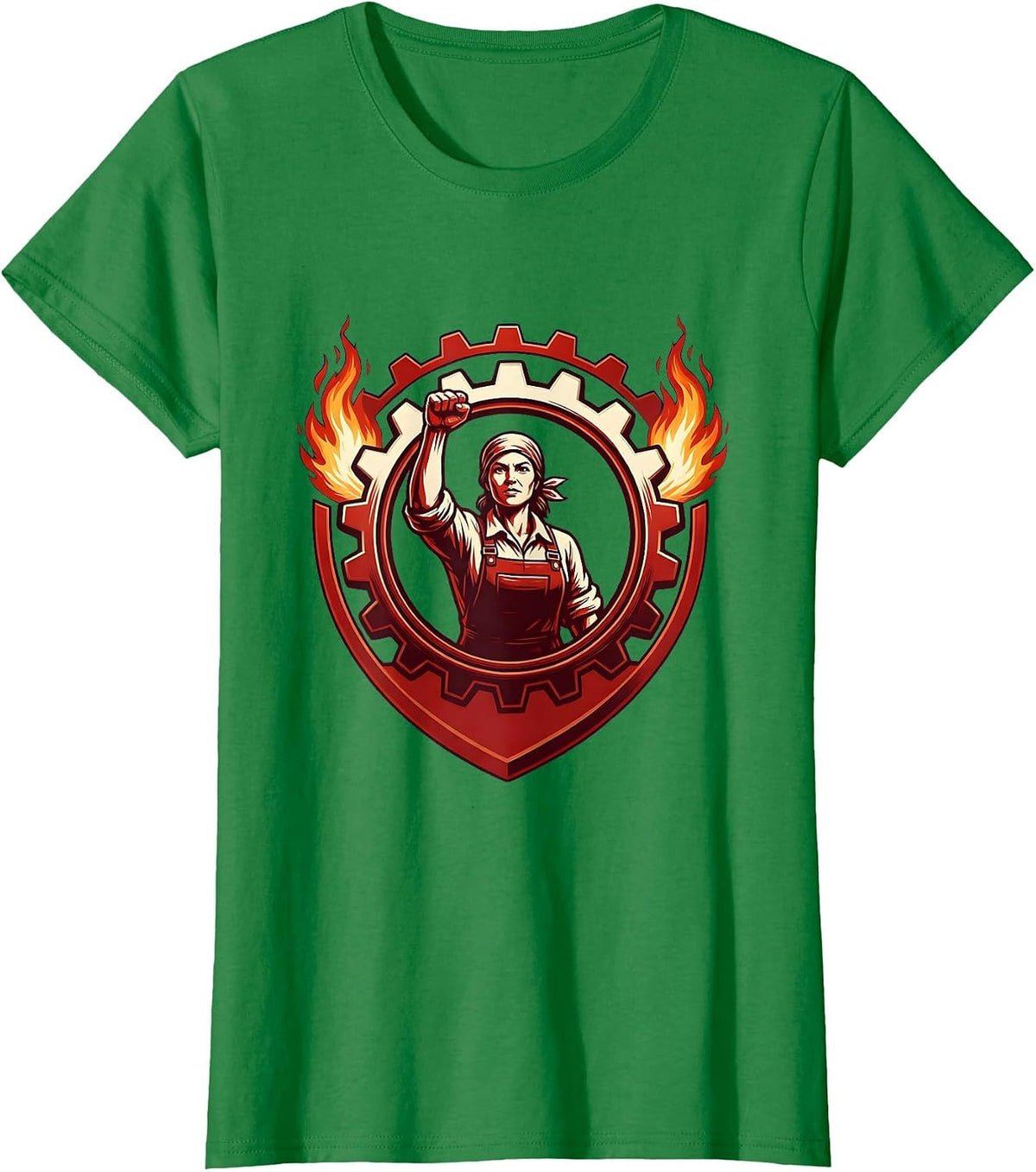 Rosie The Riveter Silhouette Gear and Flames T-Shirt - Kelly Green