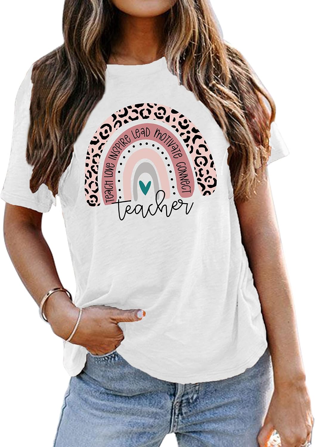 Teacher Shirts Women ABCD Teacher Tshirt Teacher Life Short Sleeve Tops - Rainbow Teacher-white