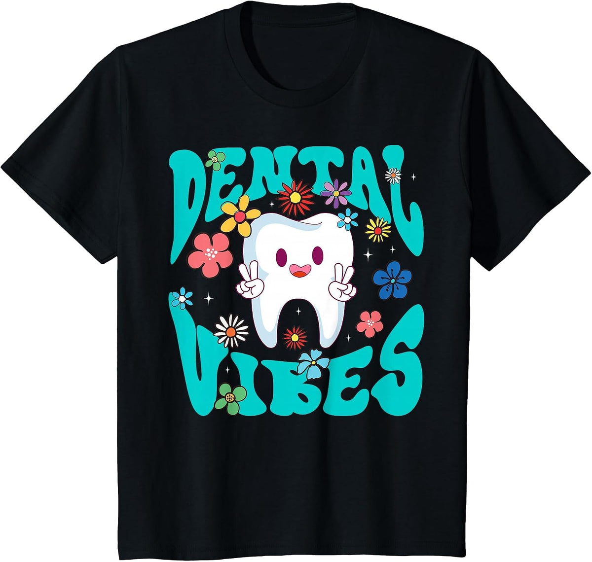 Retro Groovy Dental Vibes Funny Dentist Hygienist Men Women T-Shirt - Black