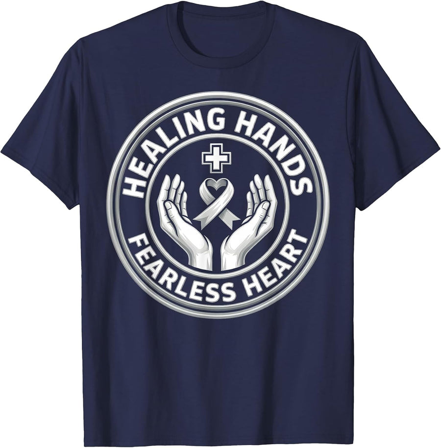 Healing Hands Fearless Heart Oncology Nurse Design T-Shirt - Navy Blue