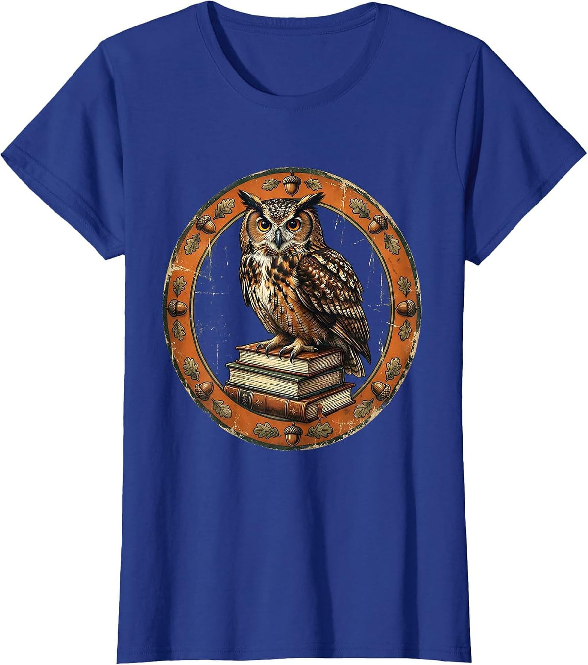 Women's Fall Teacher Owl Perched on Stack of Books T-Shirt - Royal Blue