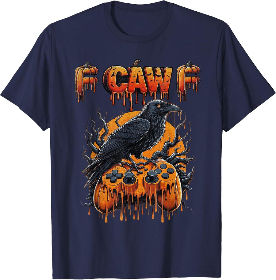 Halloween Gamer Pumpkin Dripping Gaming Crow Raven Bird Drip T-Shirt - Navy Blue