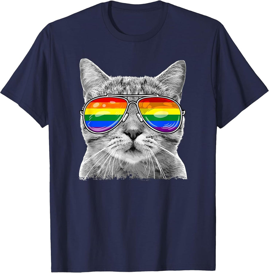 LGBTQ Purride Ally Gay Pride Rainbow Flag Cat Kitten Lover T-Shirt - Navy Blue