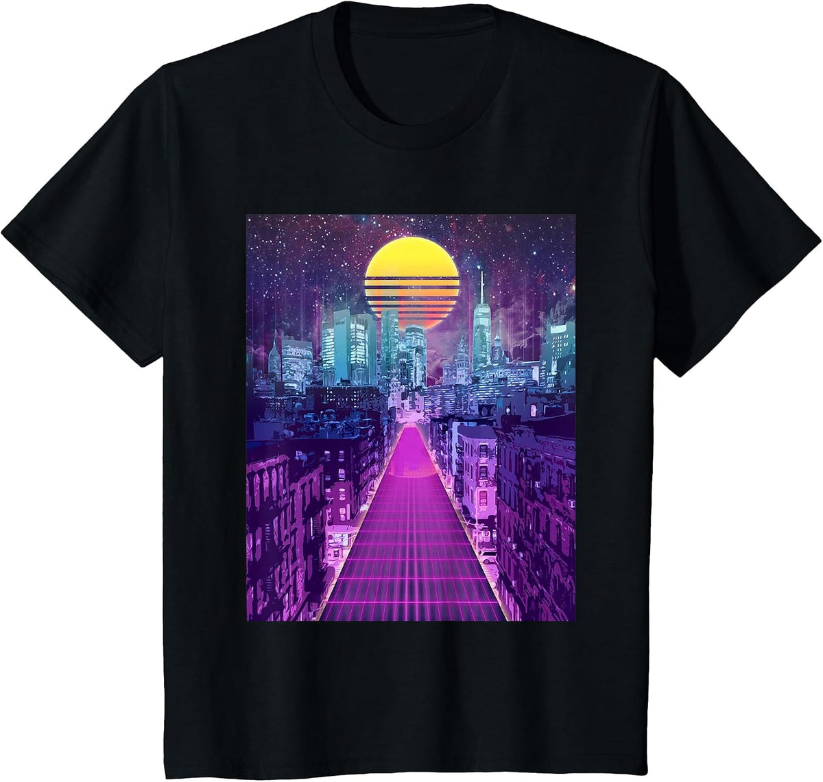 Digital Cityscape Retro Vaporwave Aesthetic Skyline Art T-Shirt - Black