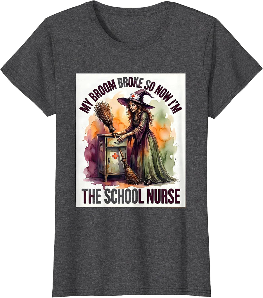 Women's My Broom Broke So Now I'm The School Nurse Halloween T-Shirt - Dark Heather Grey