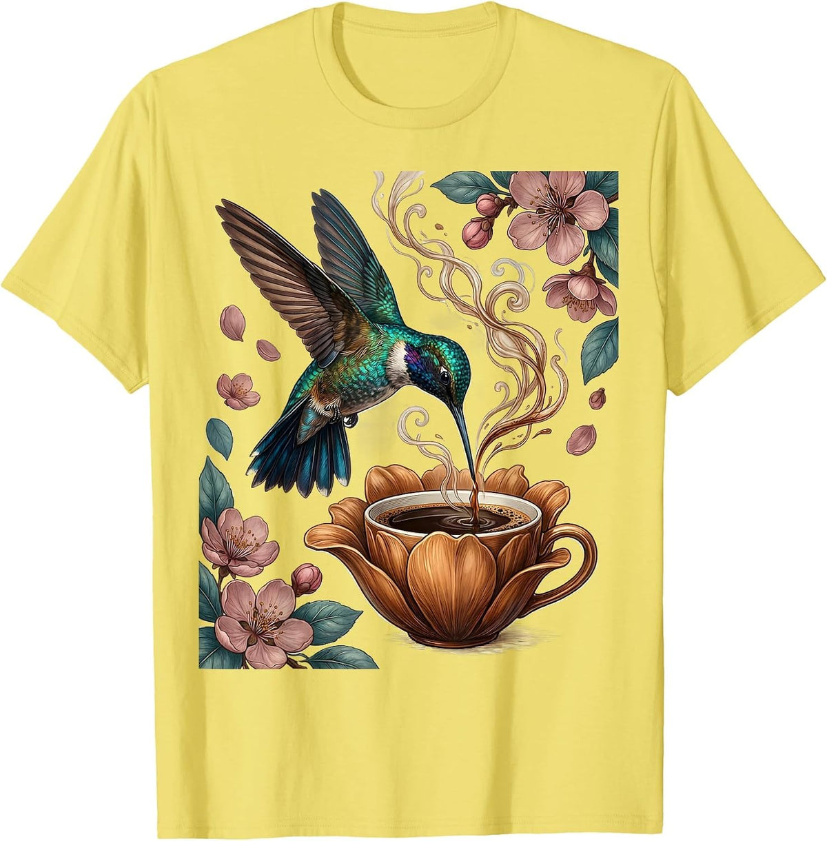 Men's Hummingbird Espresso Cup Flower Coffee Lover Design T-Shirt - Lemon Yellow