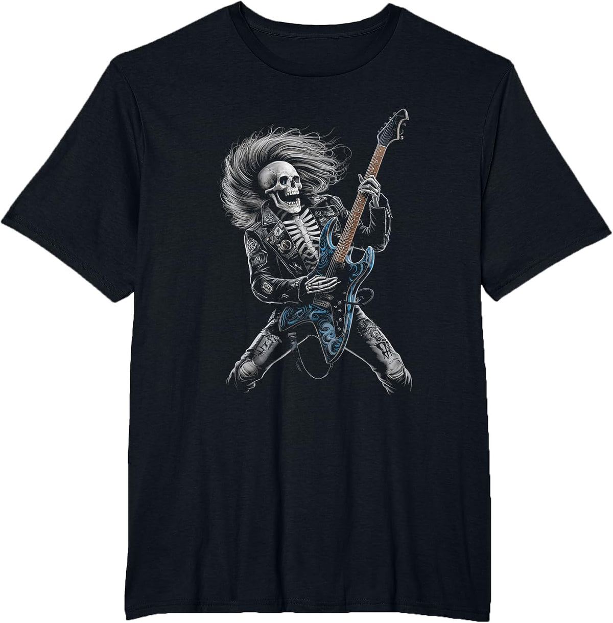 Skeleton Guitarist Rock and Roll Heavy Metal Music Lover T-Shirt - Black