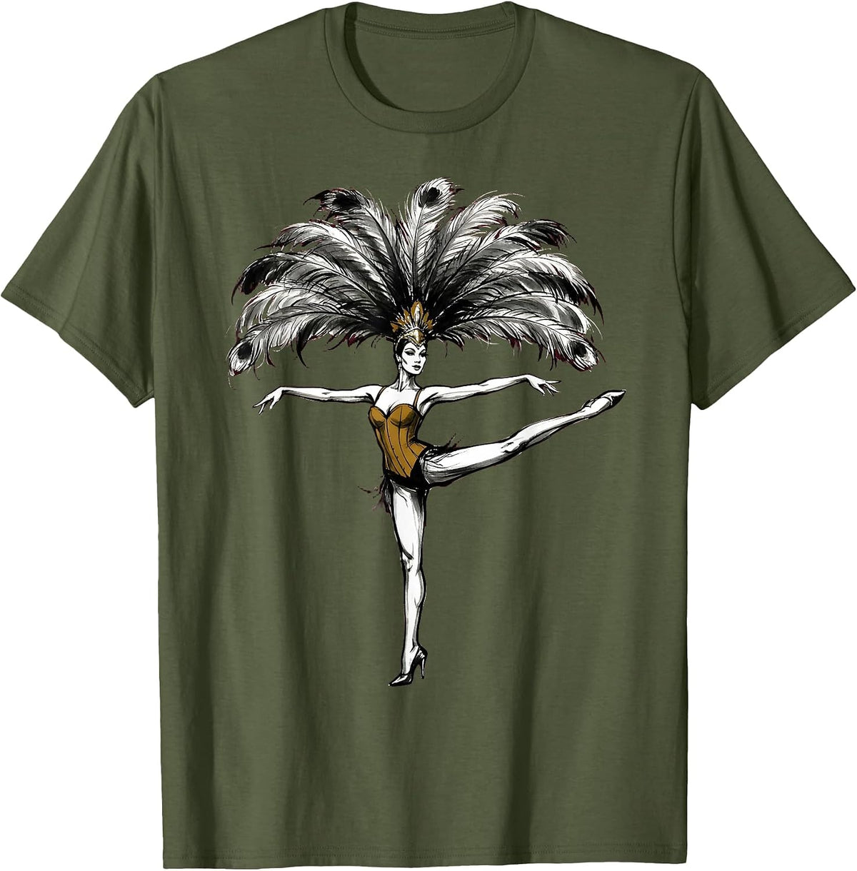 Men's Feathered Headdress Showgirl in Spotlight T-Shirt - Olive Green