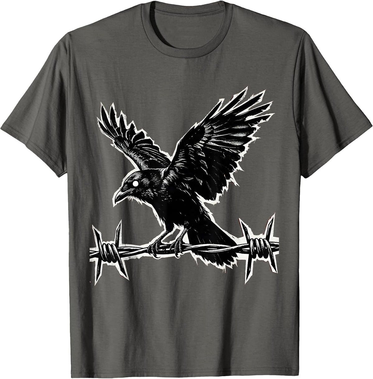 Grunge Crow on Barbed Wire Fence Illustration T-Shirt - Asphalt Grey