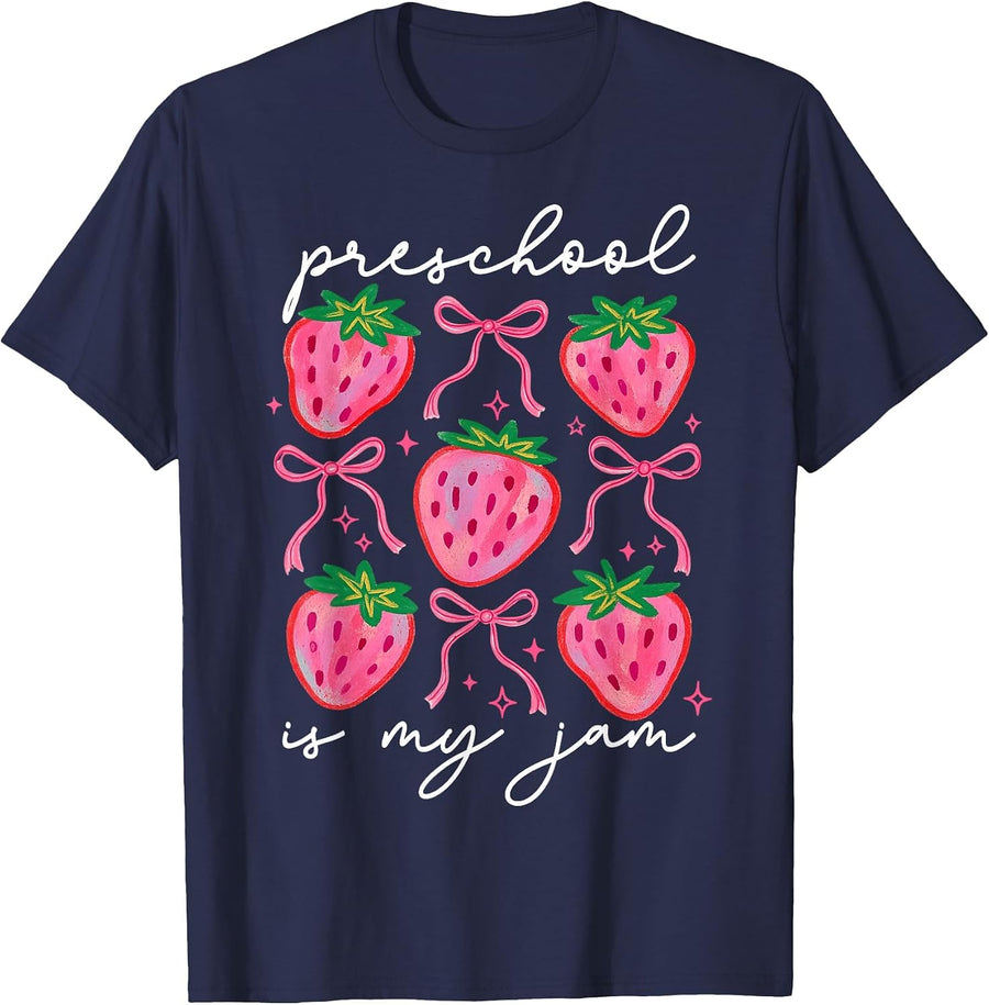 Preschool is My Jam Strawberry Preschool Teacher Women T-Shirt - Navy Blue