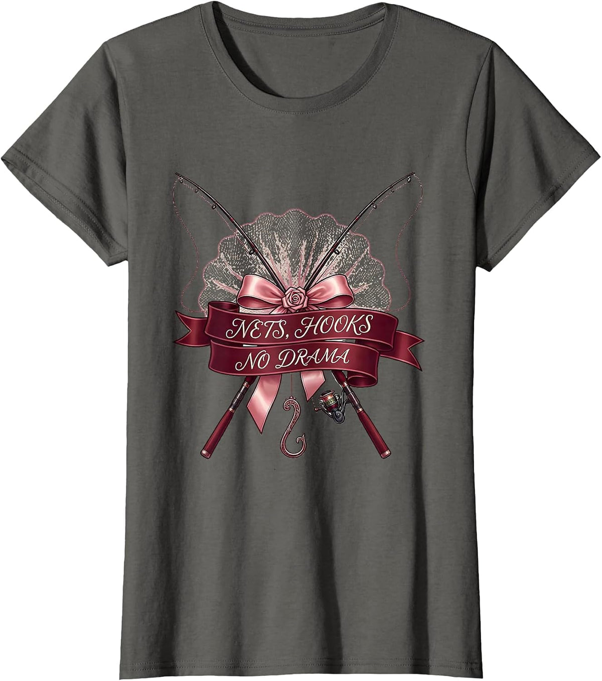 Women's Nets Hooks No Drama Fishing Design T-Shirt - Asphalt Grey