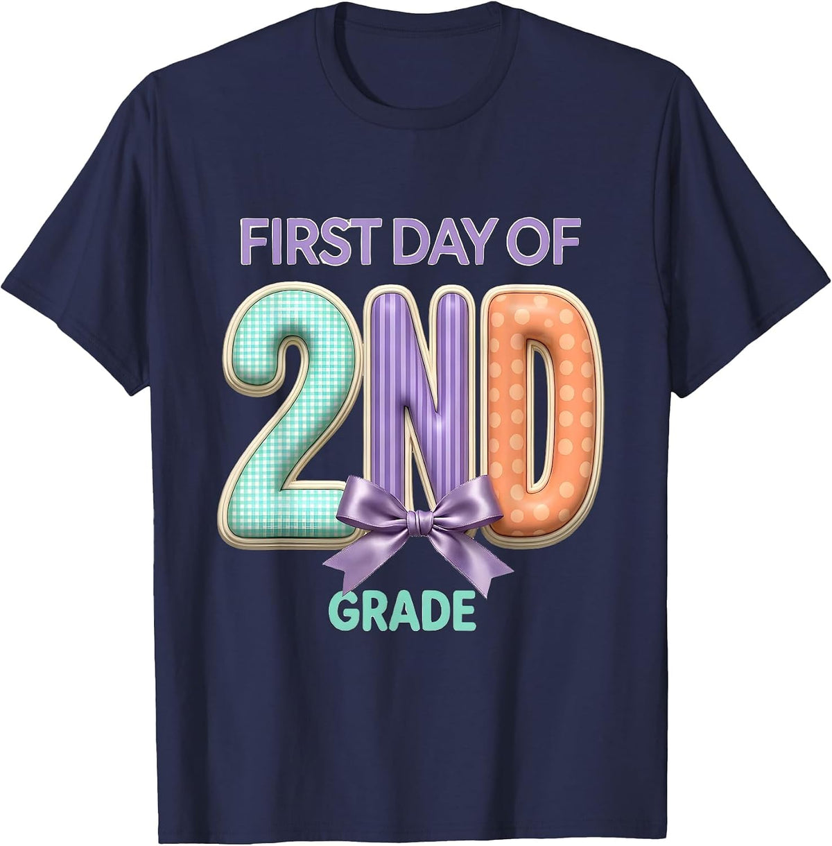 Men's First Day Of 2nd Grade Coquette Bow Back To School Teacher T-Shirt - Navy Blue