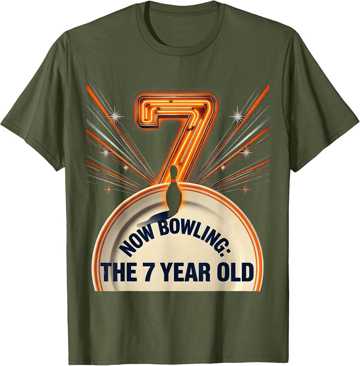 Now Bowling The 7 Year Old Retro Futurist Birthday Party T-Shirt - Olive Green