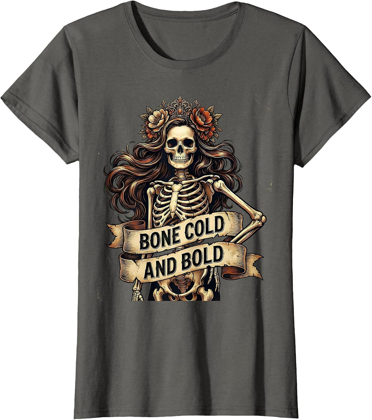 Women's Bone Cold and Bold Skeleton Graphic Design T-Shirt - Asphalt Grey