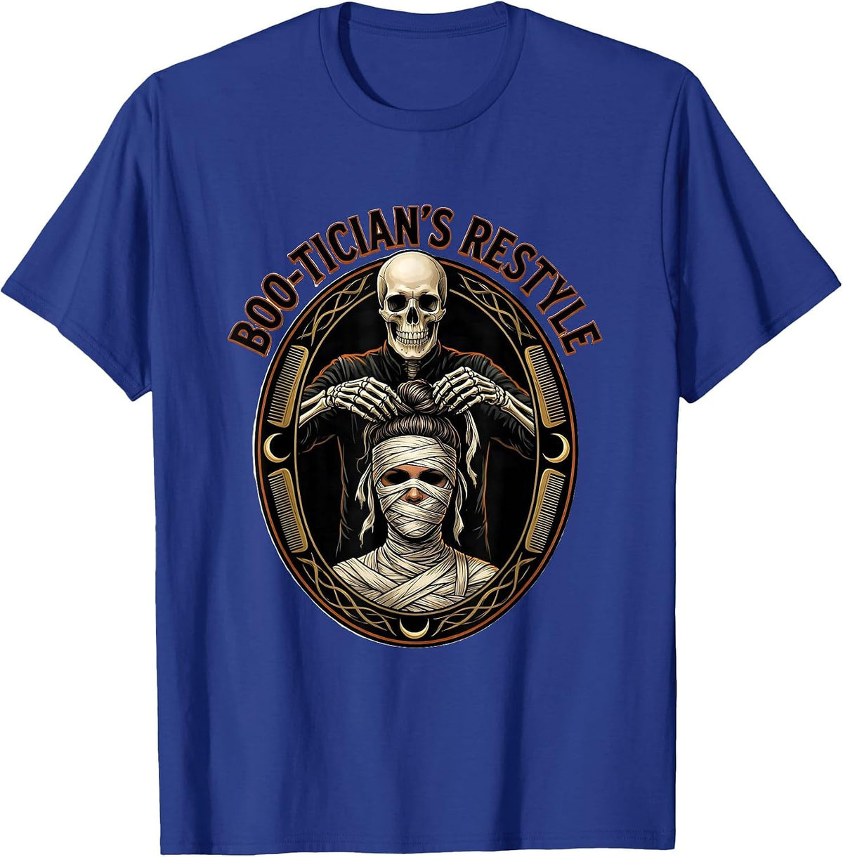 Boo-tician's Restyle Funny Skeleton Hairstylist Halloween T-Shirt - Royal Blue