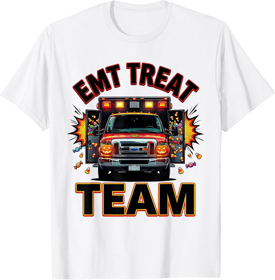 Men's EMT Treat Team Pop Art Halloween Medical Crew Humor T-Shirt - White