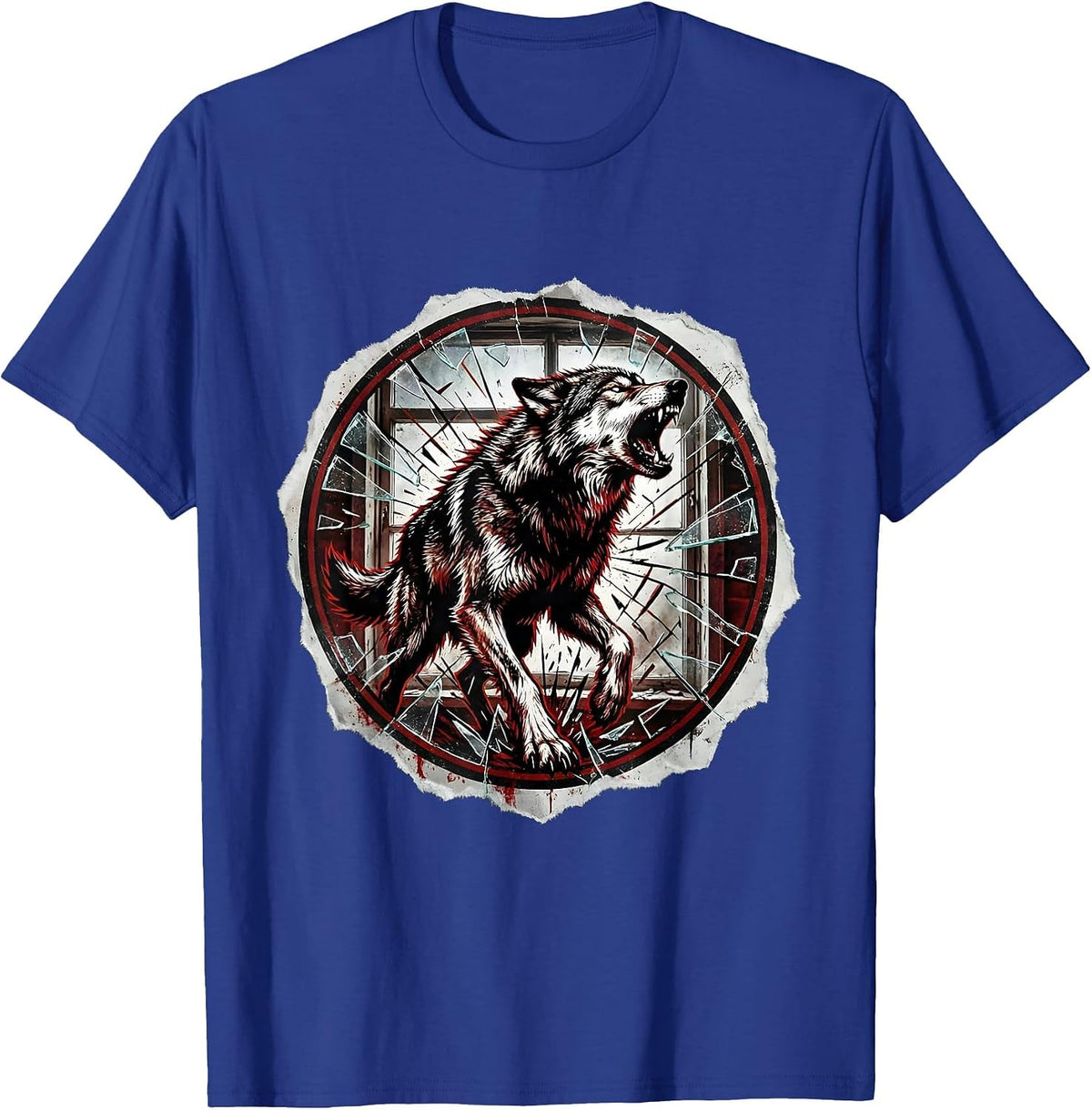 Grunge Wolf Howling Through Shattered Glass T-Shirt - Royal Blue