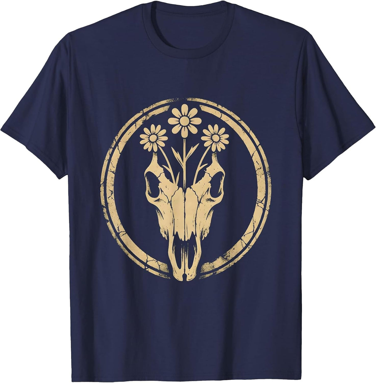 Men's Horse Skull Wildflowers Gothic Floral Art Design T-Shirt - Navy Blue