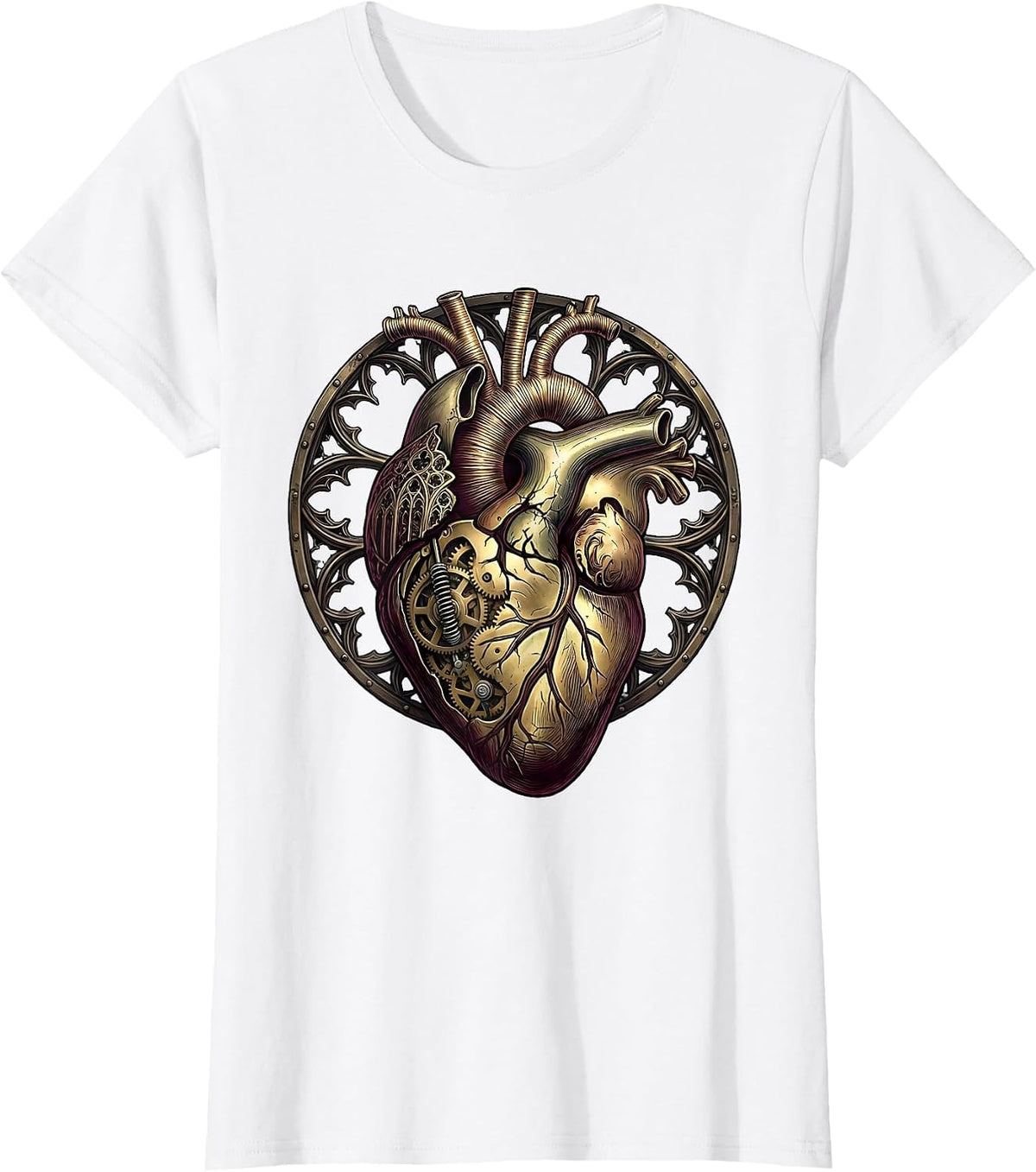Steampunk Brass Clockwork Heart Exposed Gears T-Shirt - White