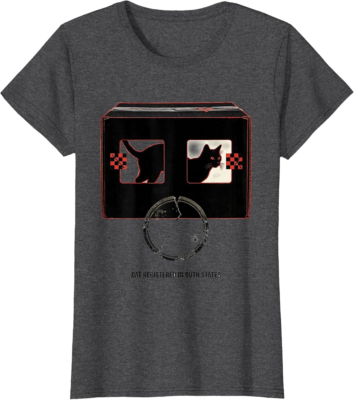 Women's Cat Registered In Both States Quantum Physics Science Humor T-Shirt - Dark Heather Grey