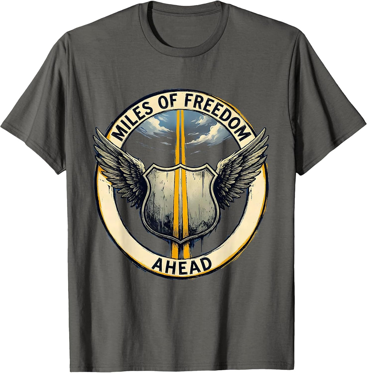 Route 66 Miles of Freedom Ahead Design T-Shirt - Asphalt Grey