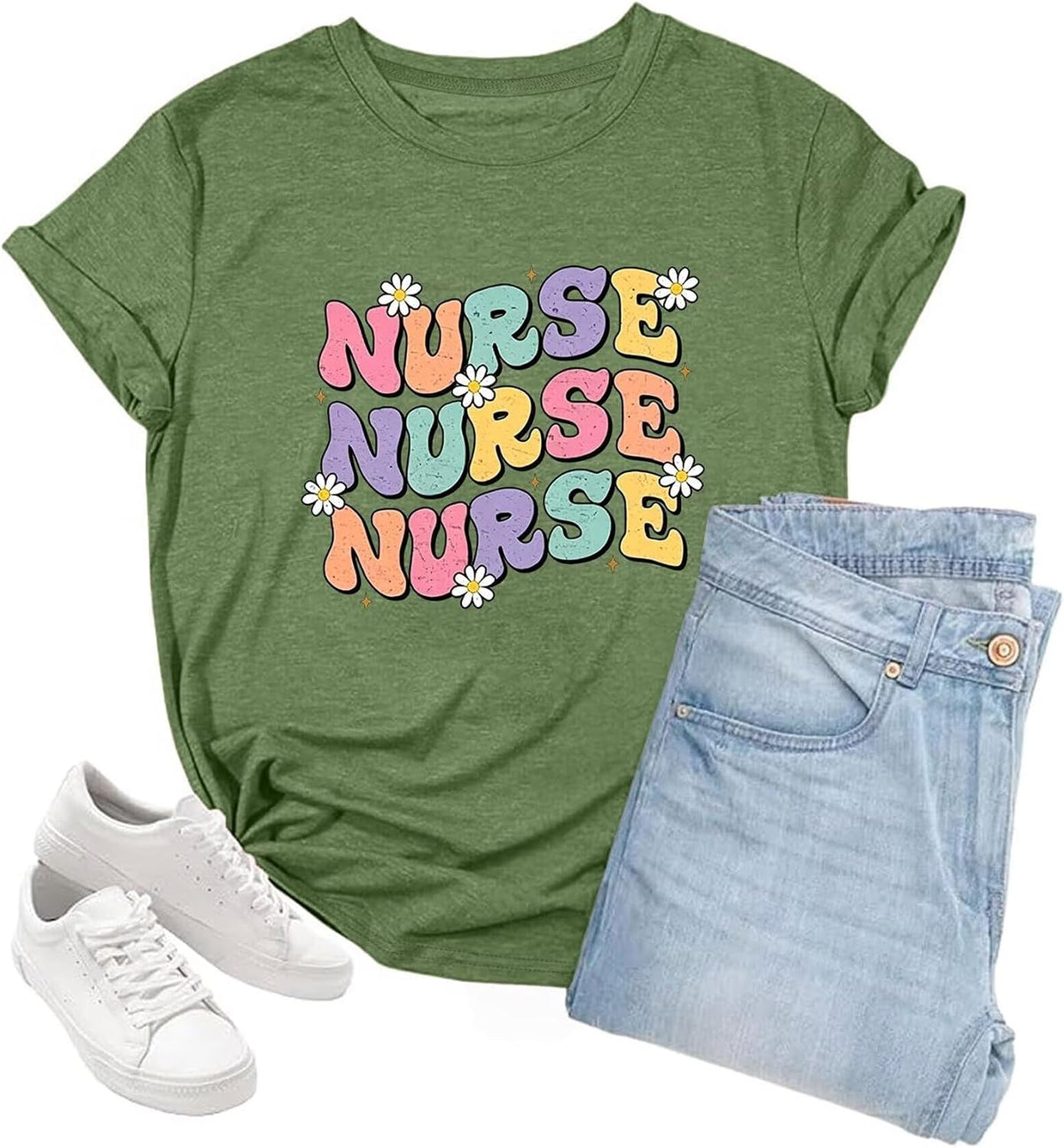 Nurse Shirt for Women School Nurse Gift Cute Crewneck Top Short Sleeve - B-olive Green
