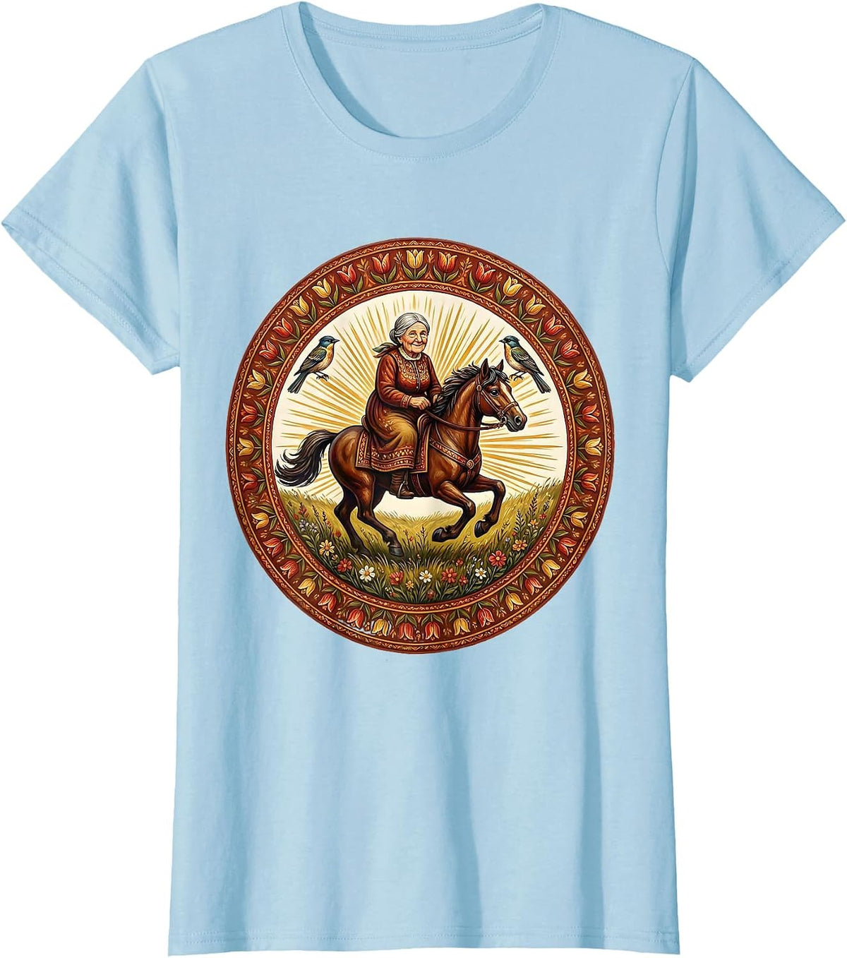 Grandma Riding Horse Through Open Meadow T-Shirt - Baby Blue