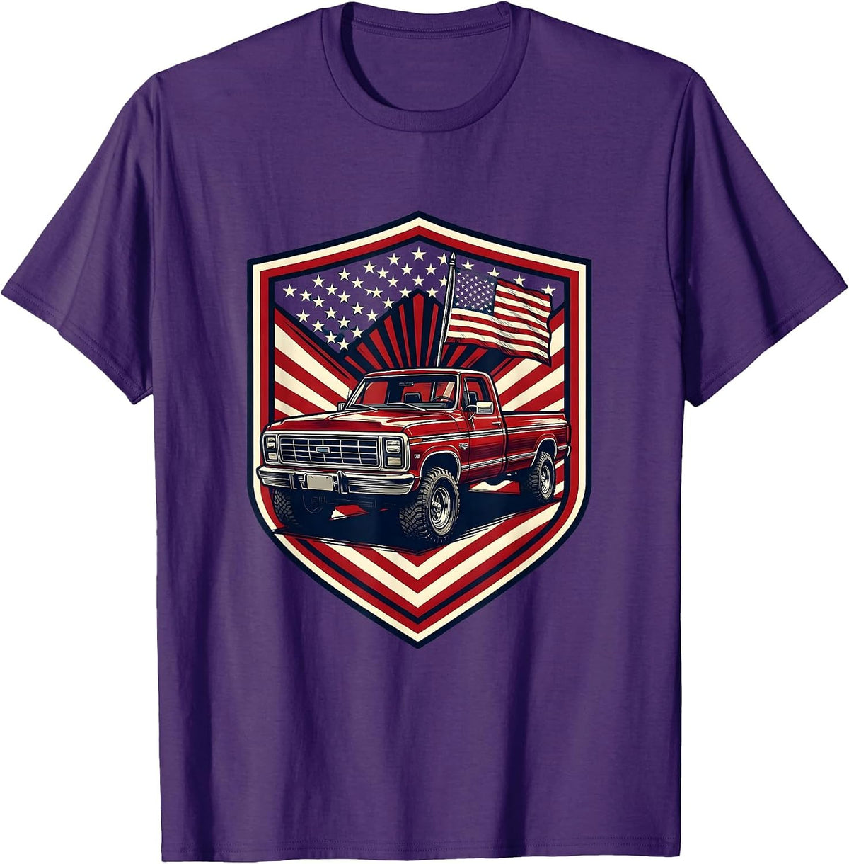 Patriotic Old Pickup Truck with Flag Graphic T-Shirt - Purple