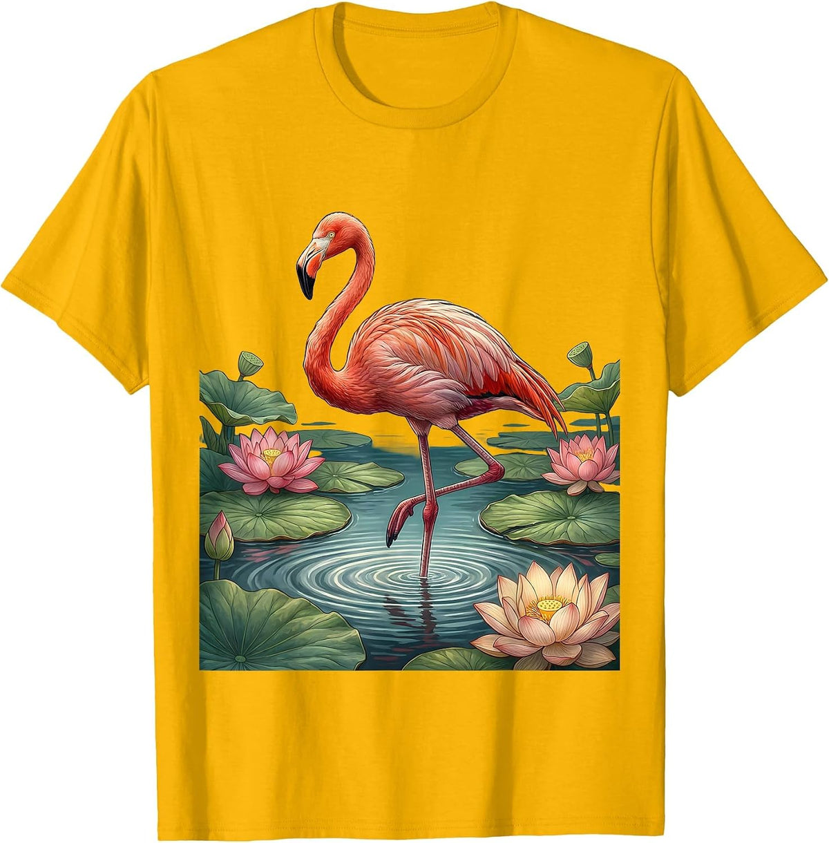 Men's Flamingo in Pink Lily Pond Illustration T-Shirt - Golden Yellow