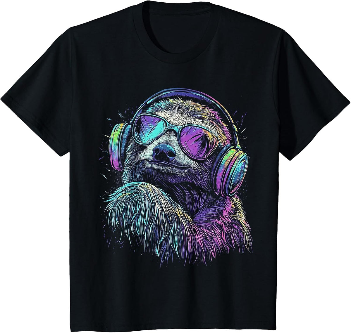 Sloth Face Sunglass Animal Lover Music Headphone Art Sloth T-Shirt - Black
