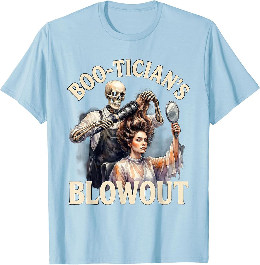 Men's Boo-tician's Blowout Funny Skeleton Hair Stylist Halloween T-Shirt - Baby Blue
