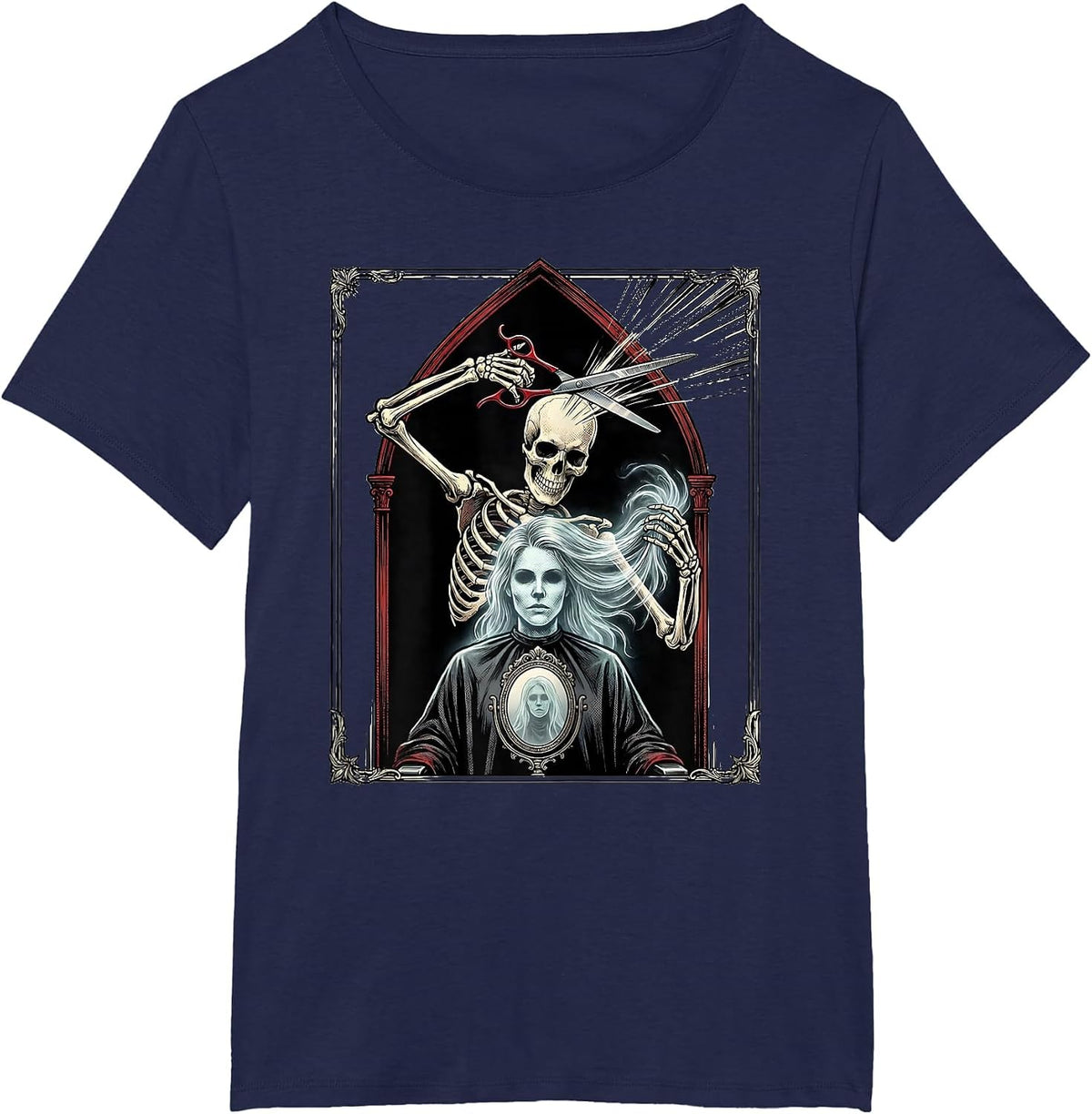 Women's Skeleton Hair Stylist Tarot Card Gothic Salon Comic T-Shirt - Navy Blue