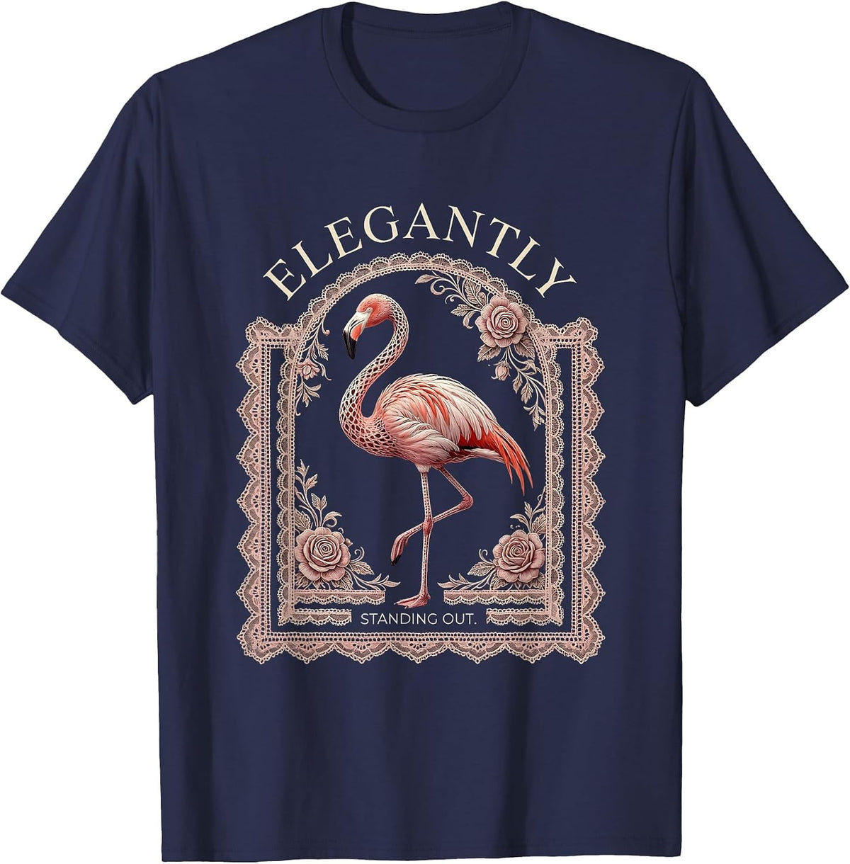 Men's Elegantly Standing Out Flamingo Design T-Shirt - Navy Blue