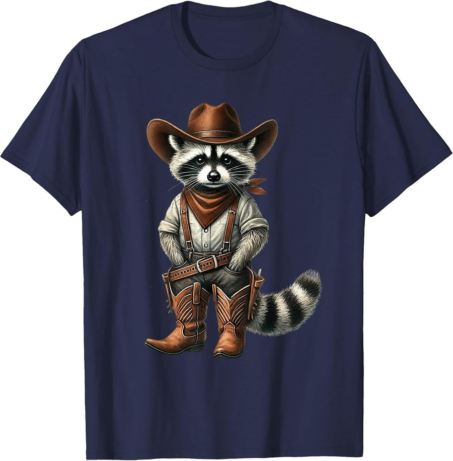 Vintage Raccoon Cowboy Funny Trash Cat Panda Western Country T-Shirt - Navy Blue