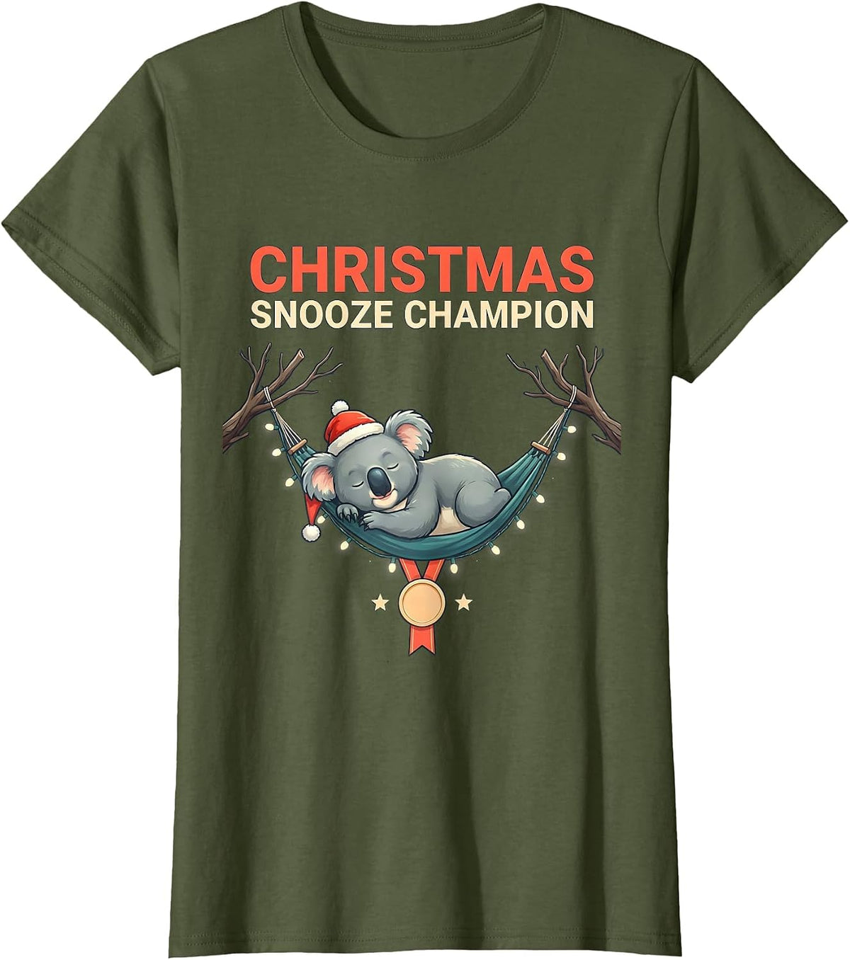 Women's Christmas Snooze Champion Funny Koala Lover Cute Australian T-Shirt - Olive Green