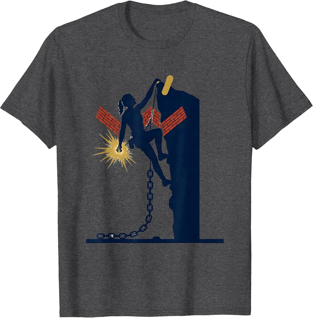 Bouldering Woman Climber Victory Pose Humor T-Shirt - Dark Heather Grey