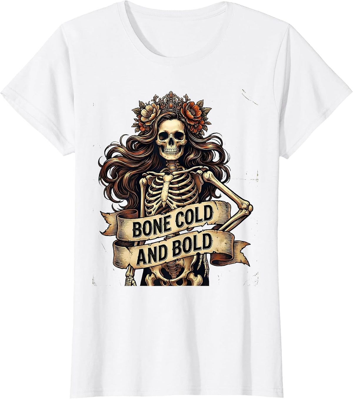 Women's Bone Cold and Bold Skeleton Graphic Design T-Shirt - White