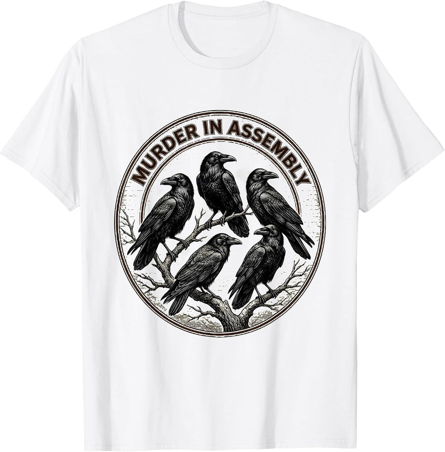 Men's Murder In Assembly Crosshatch Etching Crow Lover Bird Humor T-Shirt - White