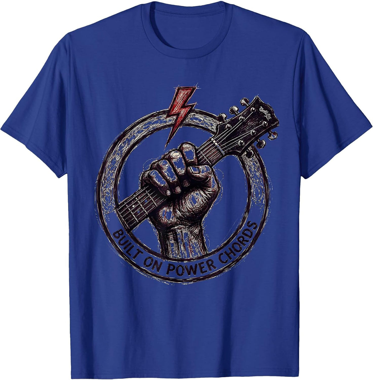 Men's Built on Power Chords Heavy Metal Guitar Design T-Shirt - Royal Blue