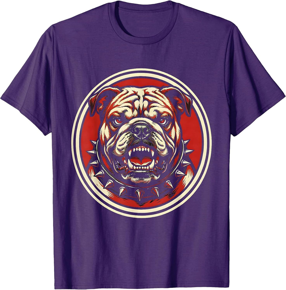 Punk Rock Snarling Bulldog Studded Collar Design T-Shirt - Purple