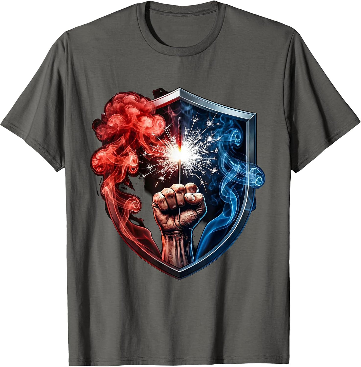 Red White Blue Raised Fist Sparkler Patriotic Design T-Shirt - Asphalt Grey