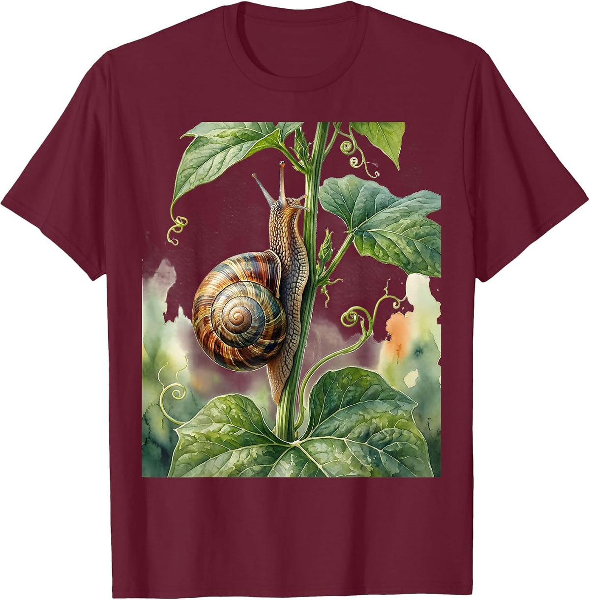 Snail Climbing Garden Stalk Nature Illustration T-Shirt - Burgundy