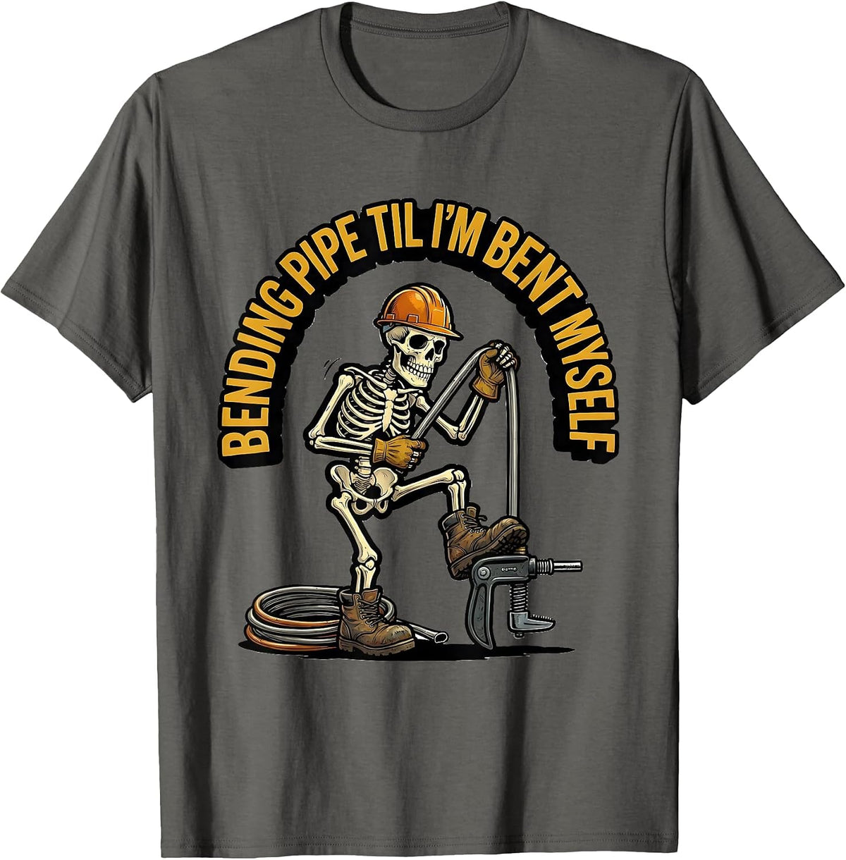 Men's Bending Pipe Til I'm Bent Myself Funny Electrician Skeleton T-Shirt - Asphalt Grey