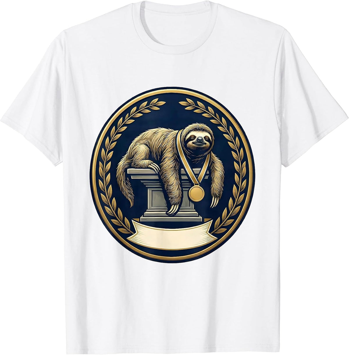 Men's Medallion Sloth Emblem Funny Sloth Lover Novelty T-Shirt - White
