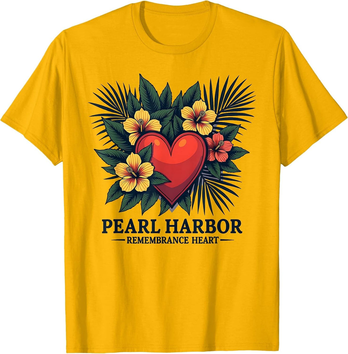 Pearl Harbor Remembrance Heart Tiki Hawaiian Design T-Shirt - Golden Yellow