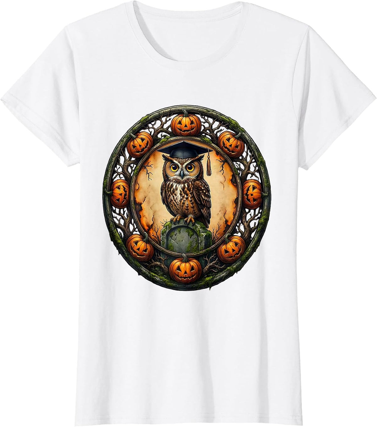 Halloween Teacher Owl Graduation Cap Gravestone T-Shirt - White