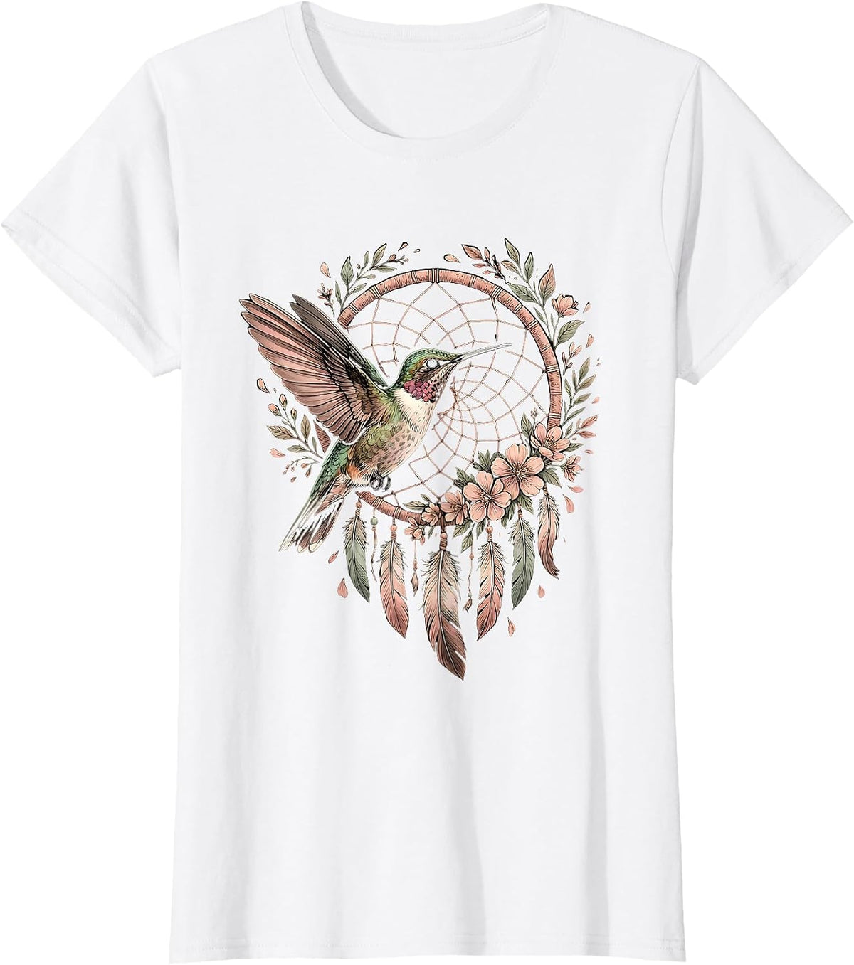 Women's Hummingbird Floral Dreamcatcher Boho Summer Design T-Shirt - White