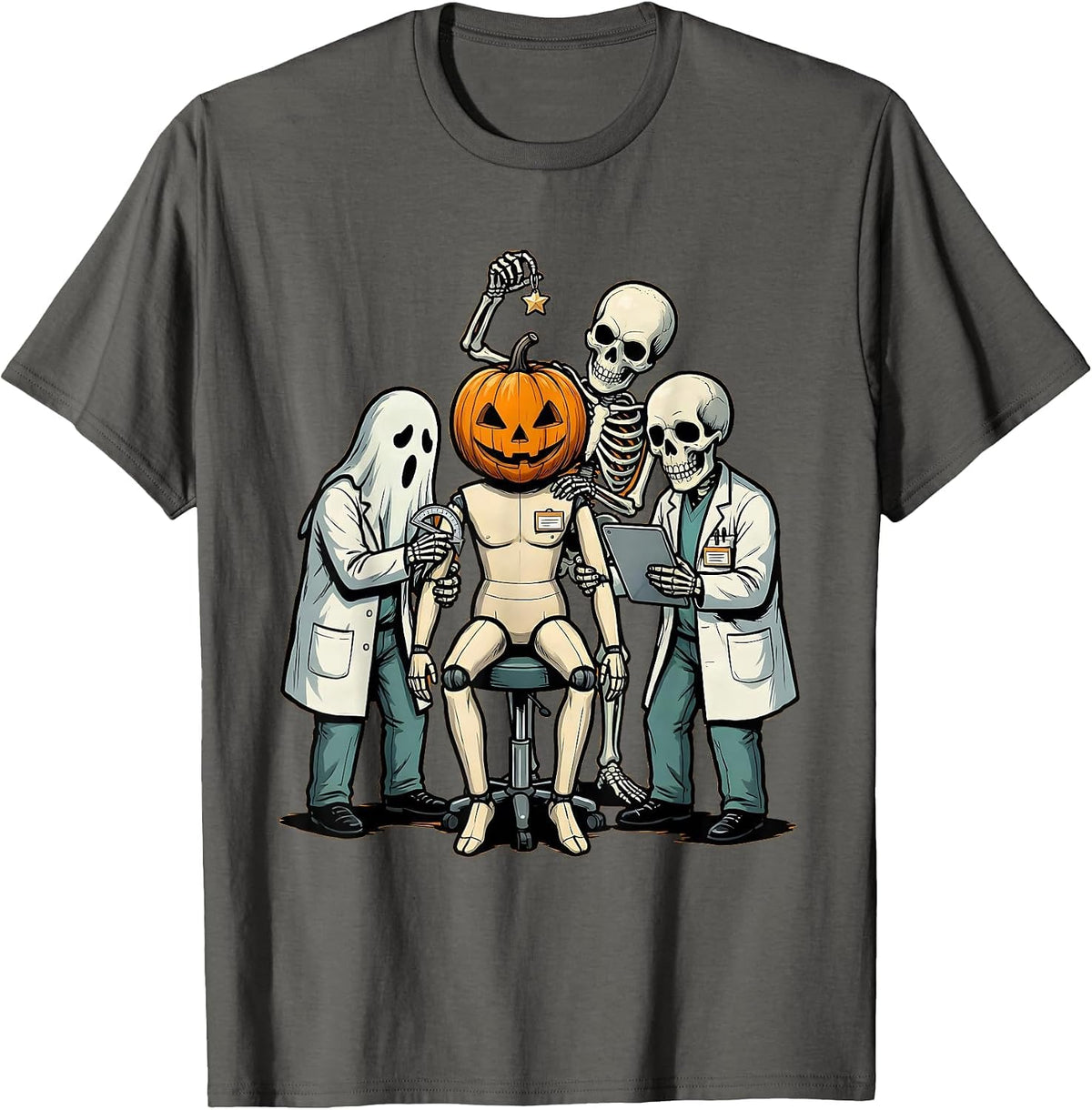 Men's Pumpkin Head Therapy Halloween Ghost Skeleton Clinician T-Shirt - Asphalt Grey