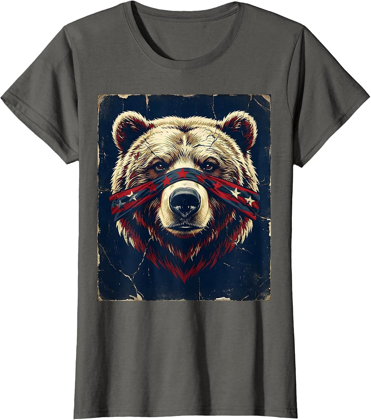 Women's Patriotic Bear Stars and Stripes Bandana Design T-Shirt - Asphalt Grey